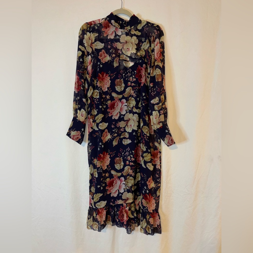NWT Notes Du Nord Maggie Silk Dress Navy Floral Long Sleeve Dress